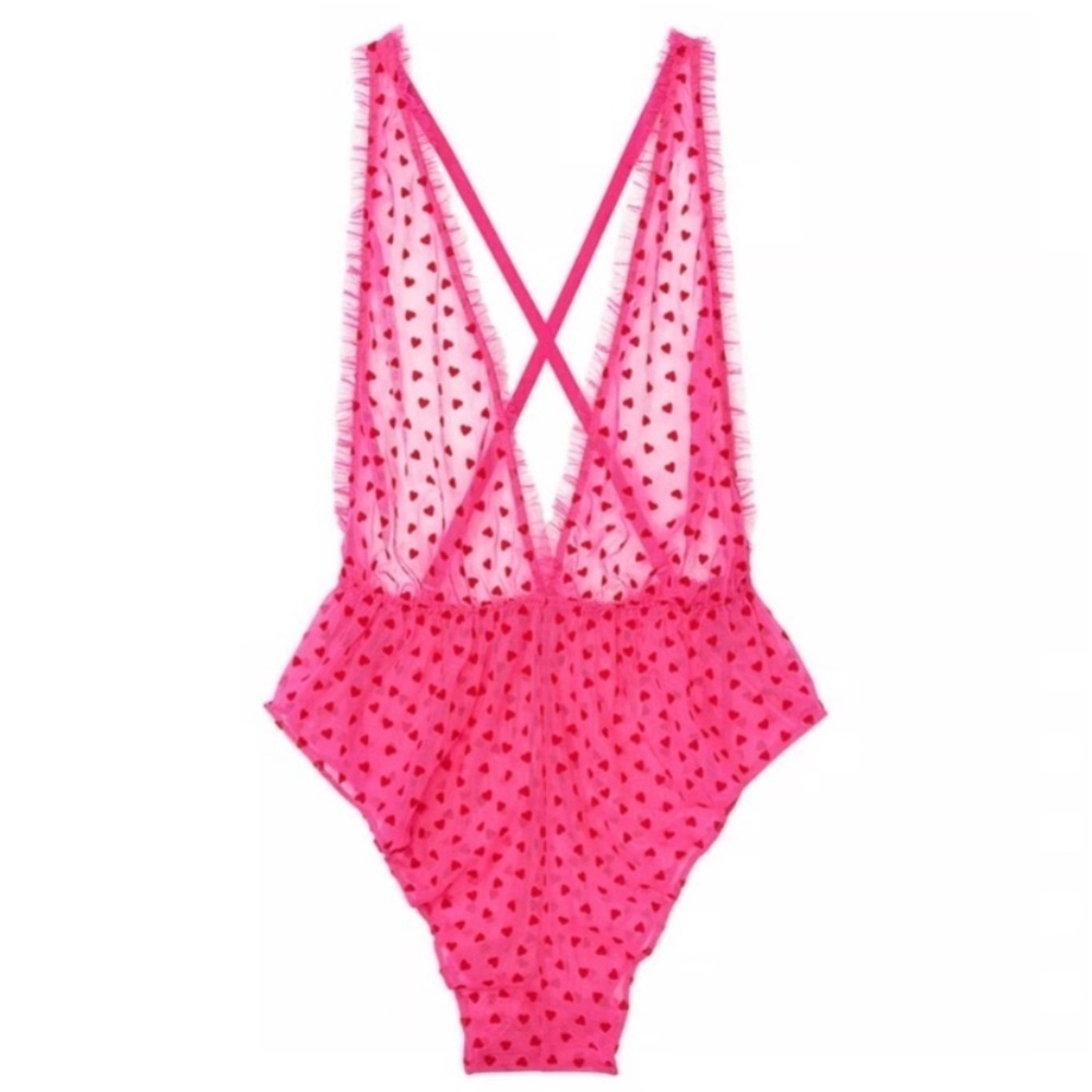 New! Victoria’s Secret Tease Mini Hearts Flocked Mesh Romper 4352
